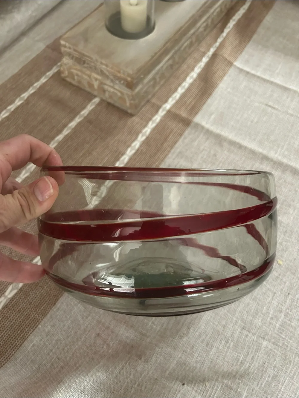 Pottery Barn Hand-Blown Red Swirl Accent Bowl NEW